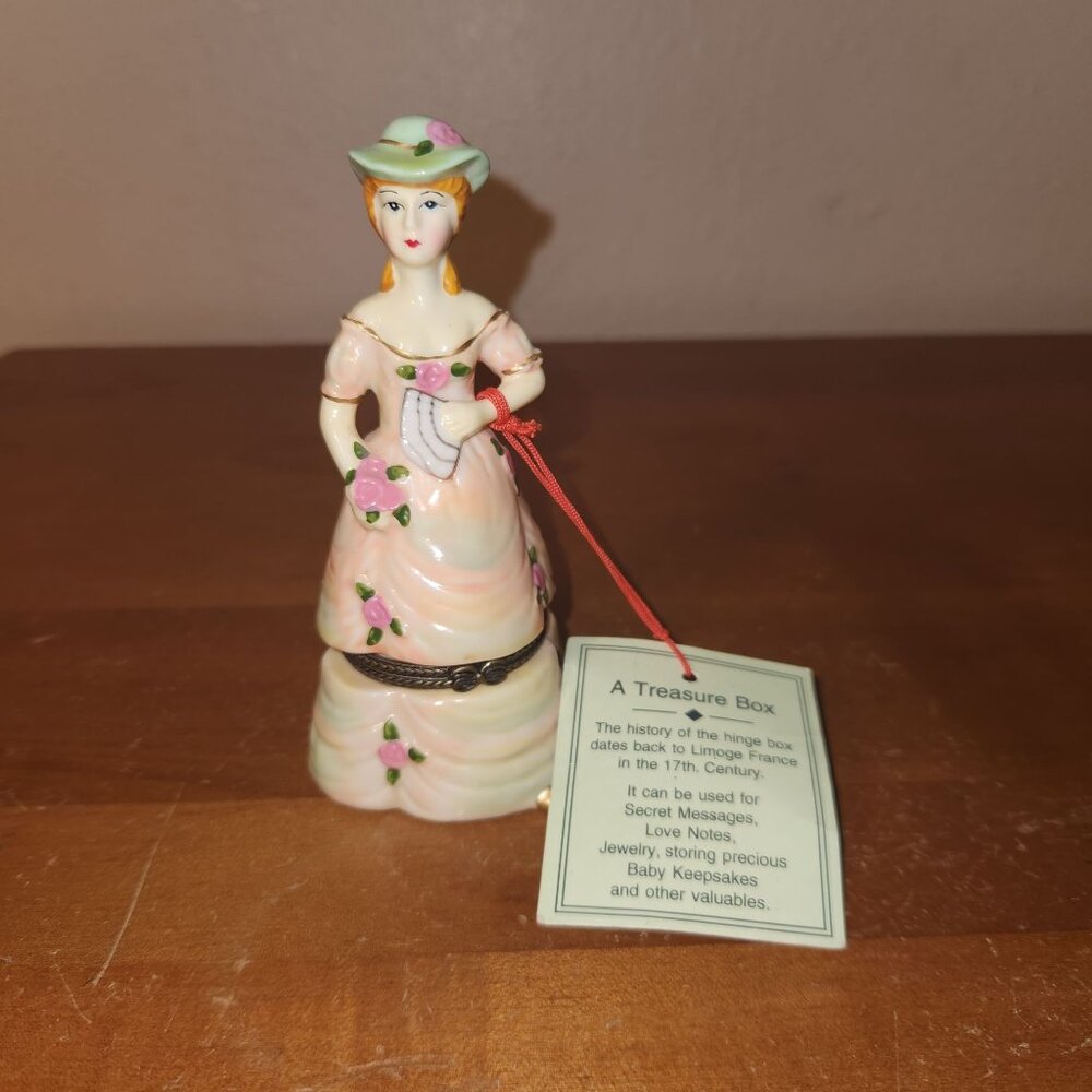 Porcelain Victorian Lady Figurine Trinket Box With Hand-Painted Floral Details